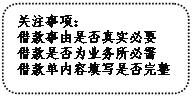 圓角矩形: 關(guān)注事項(xiàng)：
借款事由是否真實(shí)必要
借款是否為業(yè)務(wù)所必需
借款單內(nèi)容填寫(xiě)是否完整
